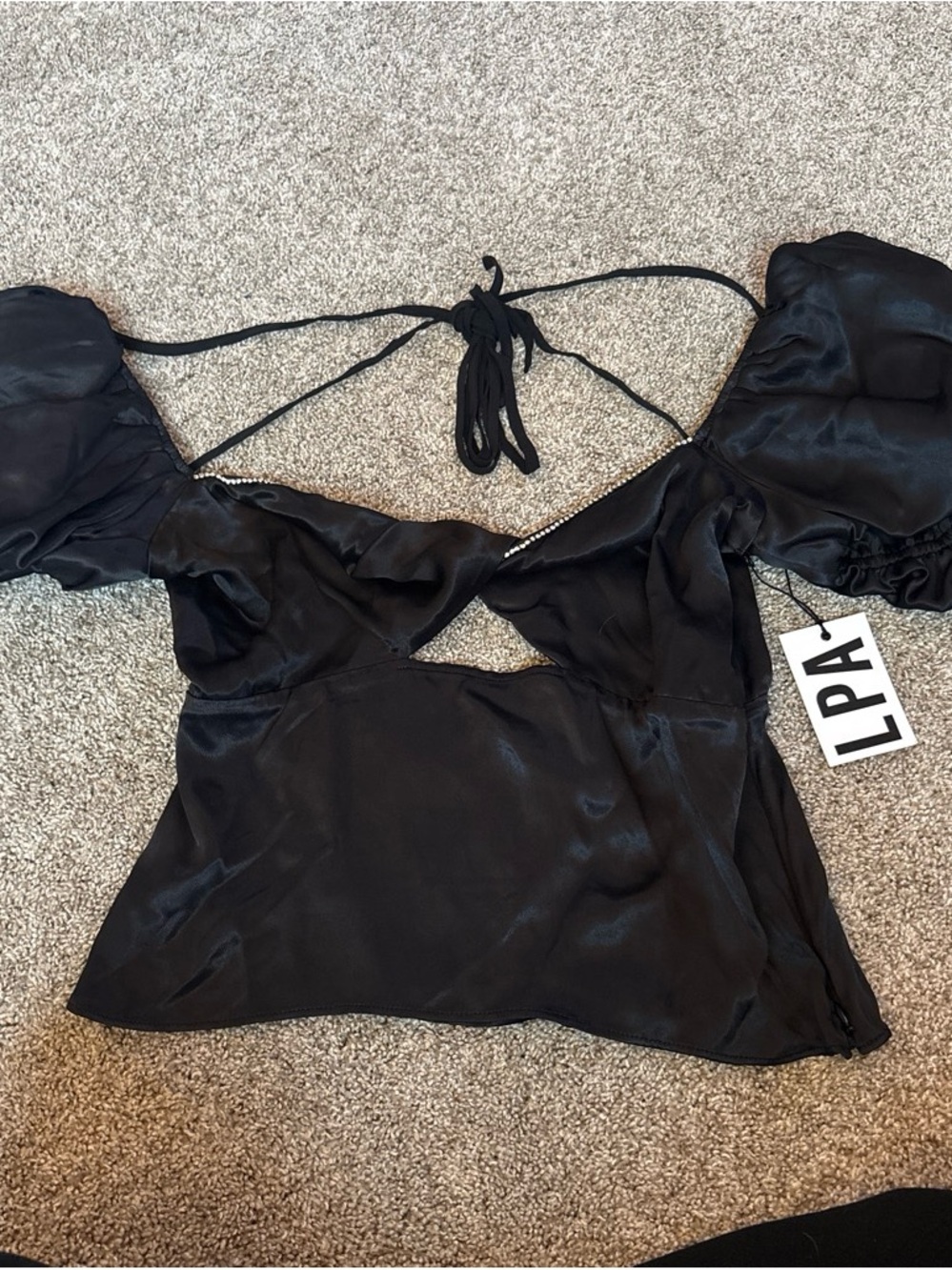 LPA Black Satin Puff-Sleeve Tie-Back Camisole